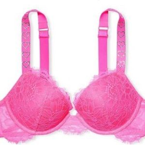 NEW! VICTORIAS SECRET Very Sexy Hearts Shine Strap Push Up Bra Post It Pink 32C